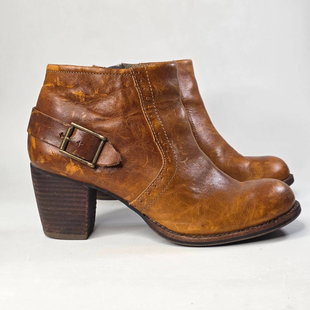 CAT Caterpillar Ankle Boots Women's 8 W Tan Caramel Leather Buckle Zip Shoes